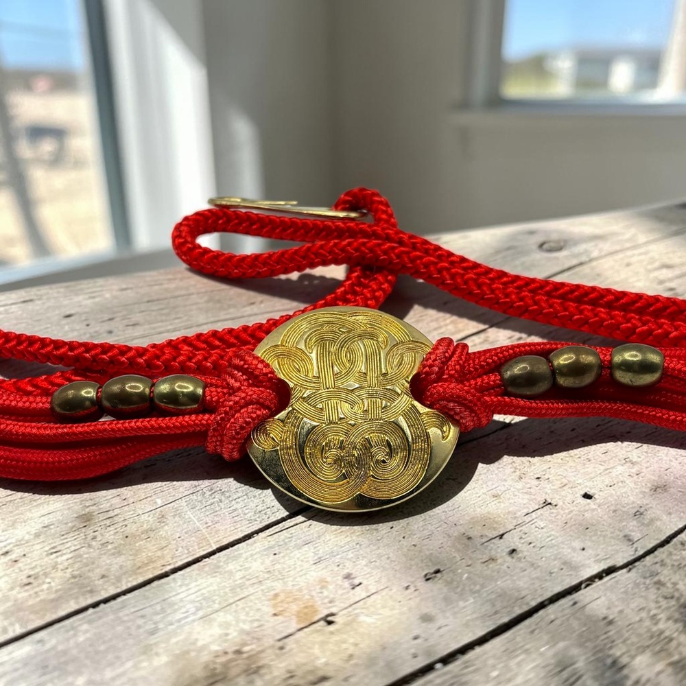 Vintage 80s 90s Rope Belt Red Synthetic Gold Tone Medallion 40" Maximalist Retro